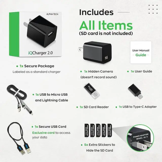 Alt view image 6 of 6 - USB Hidden Camera Charger - 1080p HD Spy Camera No WiFi Needed - Mini Nanny Cam Wall Charger - Secret Hidden Cameras for Home Security, Office, Baby, Pets