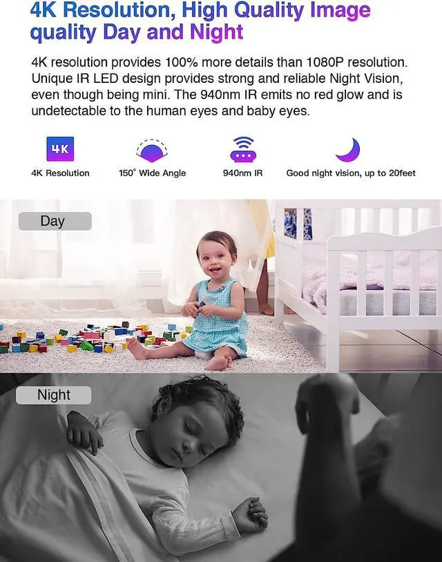Alt view image 3 of 7 - WiFi Hidden Camera 4K Ultra HD, Small Wireless Small Nanny Cam for Home Security, Cam Indoor, Motion Detection, Night Vision, Battery, Phone App, NO Audio, 5