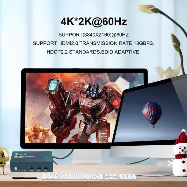 Alt view image 2 of 7 - Steetek 2 Monitors 2 Computers KVM Switch USB 3.0, 4K@60Hz 2 Ports USB 3.0 Dual Monitors KVM Switches, Button Switch HDMI 2.0 KVM, with 4 HDMI Cables, 2 USB Cables, 1 Micro USB Cables