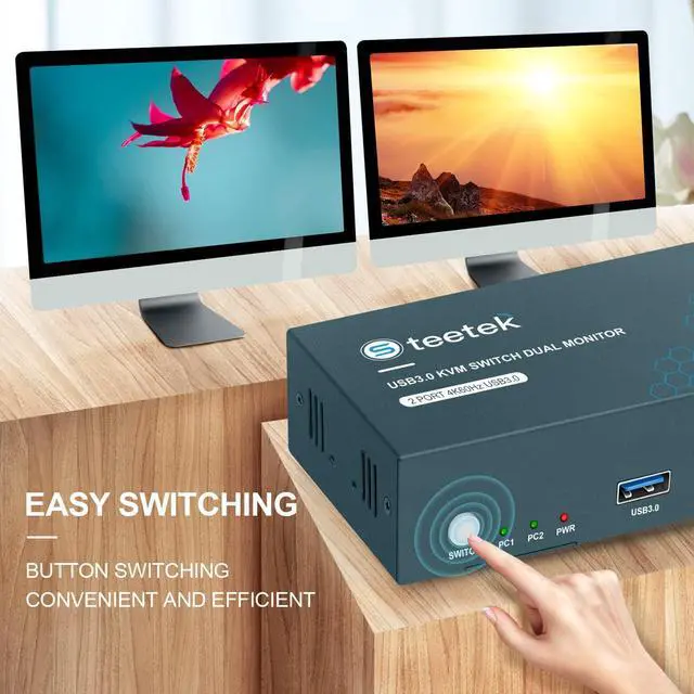 Alt view image 4 of 7 - Steetek 2 Monitors 2 Computers KVM Switch USB 3.0, 4K@60Hz 2 Ports USB 3.0 Dual Monitors KVM Switches, Button Switch HDMI 2.0 KVM, with 4 HDMI Cables, 2 USB Cables, 1 Micro USB Cables