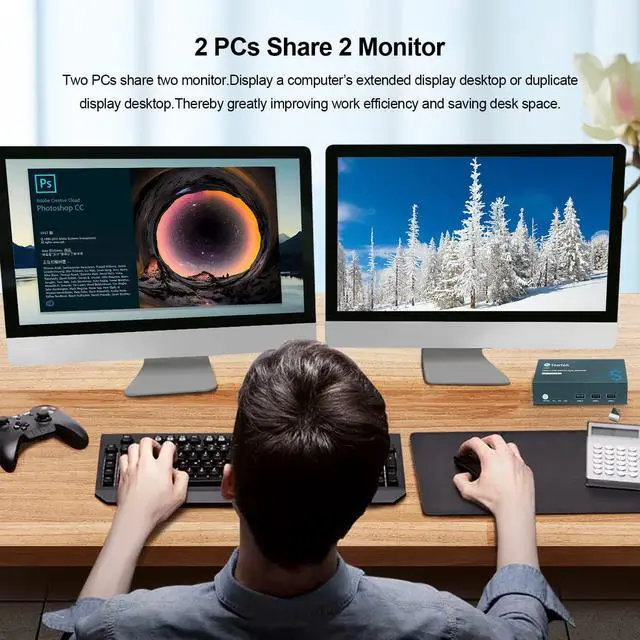 Alt view image 5 of 7 - Steetek 2 Monitors 2 Computers KVM Switch USB 3.0, 4K@60Hz 2 Ports USB 3.0 Dual Monitors KVM Switches, Button Switch HDMI 2.0 KVM, with 4 HDMI Cables, 2 USB Cables, 1 Micro USB Cables