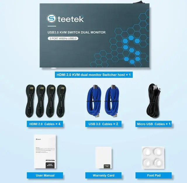 Alt view image 7 of 7 - Steetek 2 Monitors 2 Computers KVM Switch USB 3.0, 4K@60Hz 2 Ports USB 3.0 Dual Monitors KVM Switches, Button Switch HDMI 2.0 KVM, with 4 HDMI Cables, 2 USB Cables, 1 Micro USB Cables