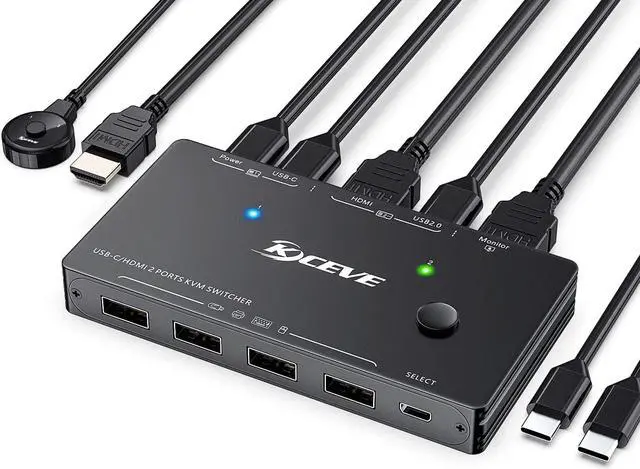 Main image of USB Type-C HDMI KVM Switch 4K@60Hz,USB C +HDMI Switch for 2 Computers Share 1 Monitor and 4 USB Devices,Compatible with Thunderbolt 3,with 100 W Power Delivery,Wired Remote and 3 Cables Included