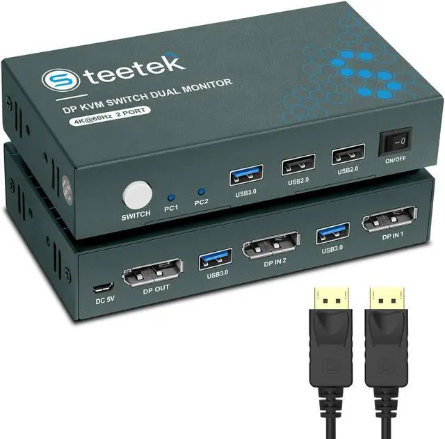 Main image of Steetek 2 Port DP USB 3.0 KVM Switch 4K@60Hz, KVM Switch Displayport 2 in 1 Out. KVM Switch for 2 Computer Share 1 Monitor and USB 3.0 Hub, Button Switch, with 2 DP and 2 USB 3.0 Cable