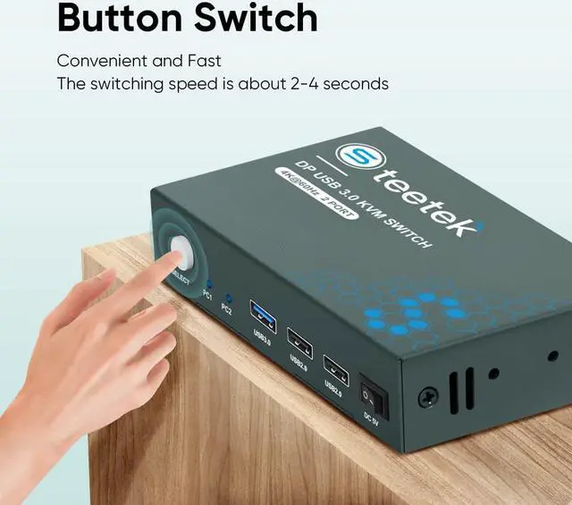 Alt view image 4 of 7 - Steetek 2 Port DP USB 3.0 KVM Switch 4K@60Hz, KVM Switch Displayport 2 in 1 Out. KVM Switch for 2 Computer Share 1 Monitor and USB 3.0 Hub, Button Switch, with 2 DP and 2 USB 3.0 Cable