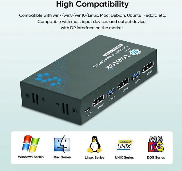 Alt view image 6 of 7 - Steetek 2 Port DP USB 3.0 KVM Switch 4K@60Hz, KVM Switch Displayport 2 in 1 Out. KVM Switch for 2 Computer Share 1 Monitor and USB 3.0 Hub, Button Switch, with 2 DP and 2 USB 3.0 Cable