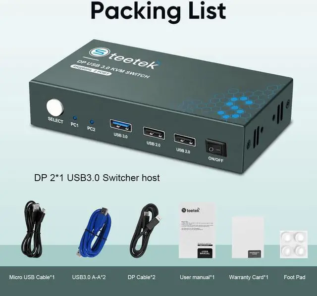 Alt view image 7 of 7 - Steetek 2 Port DP USB 3.0 KVM Switch 4K@60Hz, KVM Switch Displayport 2 in 1 Out. KVM Switch for 2 Computer Share 1 Monitor and USB 3.0 Hub, Button Switch, with 2 DP and 2 USB 3.0 Cable