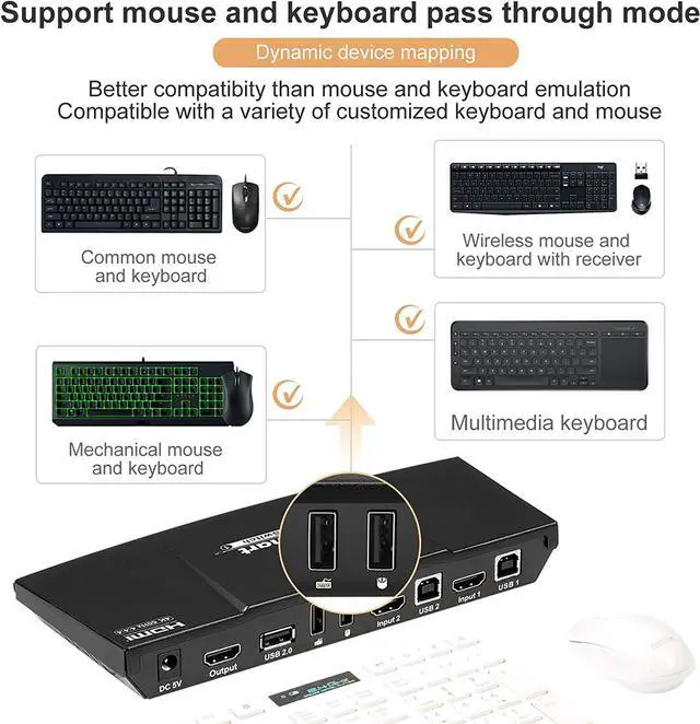 Alt view image 4 of 7 - HDMI 4K@60Hz Ultra HD 2x1 HDMI KVM Switch 3840x2160@60Hz 4:4:4 with 2 Pcs 5ft KVM Cables Supports USB 2.0 Devices Control up to 2 Computers/Servers/DVR (Black)