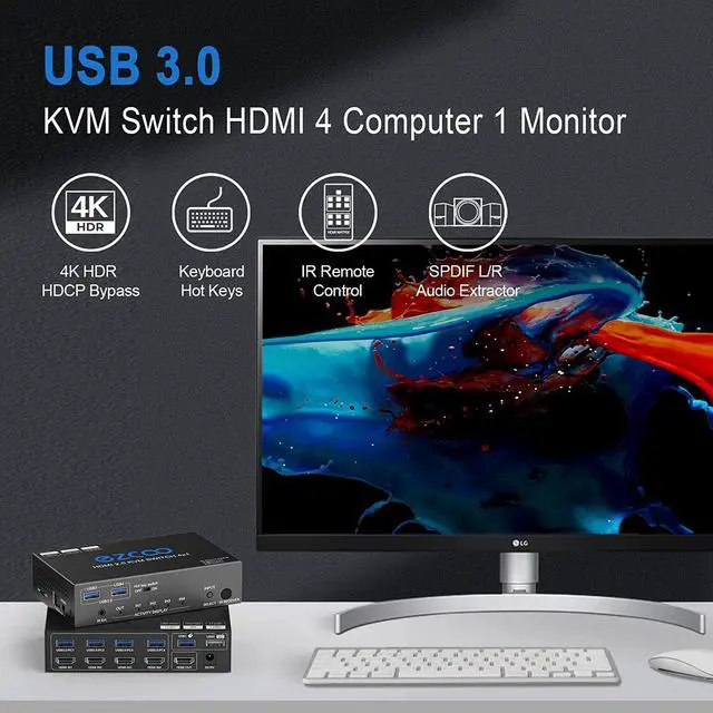 Alt view image 3 of 7 - USB 3.0 KVM Switch HDMI 4 Computer 1 Monitor 4K 60Hz SPDIF L/R Hotkey - Share one Set of Keyboard Mouse Printer,1080p 120Hz 144Hz HDCP Bypass,4X USB3.0 Cable,IR Remote Ext. Windows Mac 41KVMP