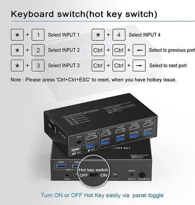 Alt view image 5 of 7 - USB 3.0 KVM Switch HDMI 4 Computer 1 Monitor 4K 60Hz SPDIF L/R Hotkey - Share one Set of Keyboard Mouse Printer,1080p 120Hz 144Hz HDCP Bypass,4X USB3.0 Cable,IR Remote Ext. Windows Mac 41KVMP