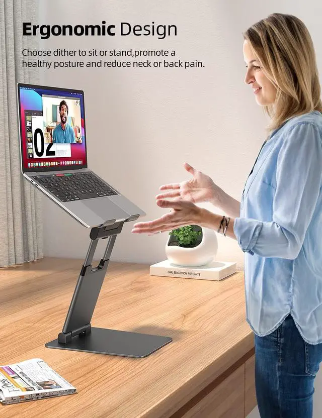 Alt view image 2 of 7 - Height Adjustable Laptop Stand for Desk Dual Foldable Aluminum Computer Riser Pull Out Design Ergonomic Sit to Notebook Holder Convertor Compatible with All 10-17 Laptops Tablets Gray