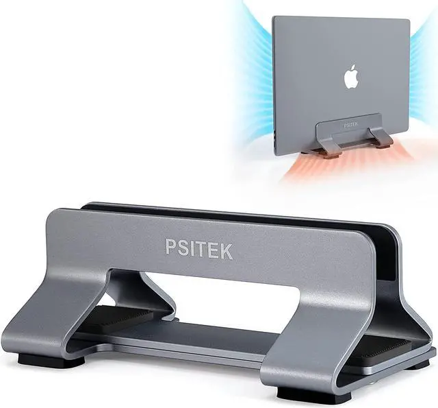 Main image of Psitek Aluminum Vertical Laptop Stand Dock Holder, Space-Saving Upright Storage for All MacBook and Laptops, Adjustable Slot Width (10-30mm/0.4-1.2 inch), Version 2023