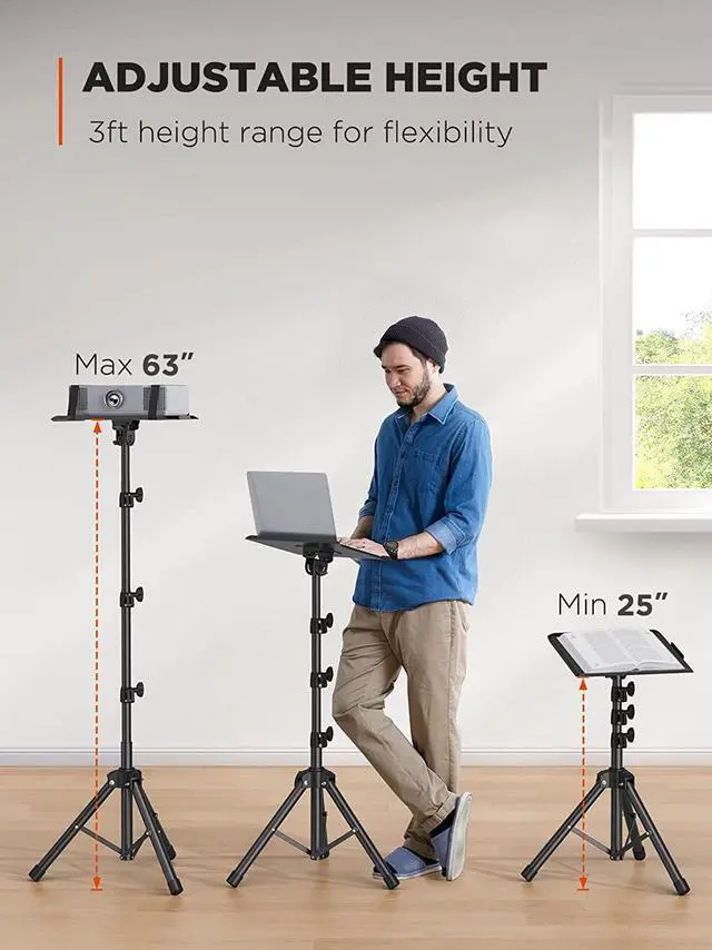 Alt view image 6 of 7 - Projector Tripod Stand, Foldable Projector Stand, Multipurpose Laptop Stand with Removable Mouse Tray, Adjustable Height 25-63 inch, Outdoor Movie Projector Stand, AMPS03