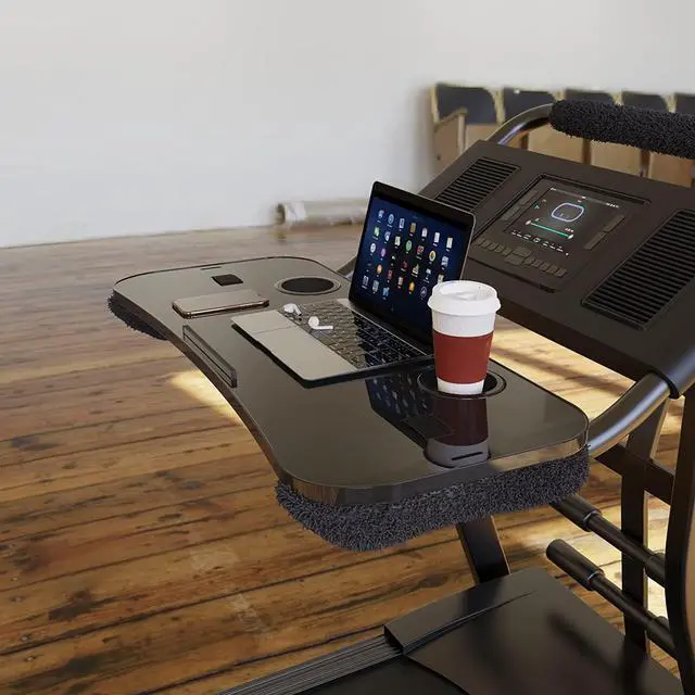 Alt view image 6 of 7 - Qsxou Treadmill Desk Attachment, 36 Inches Tread Tray Workstation Handlebars Platform with Laptop Holder, Cup Tablet Holder, Ergonomic Stand with Cooling Holes(Black)