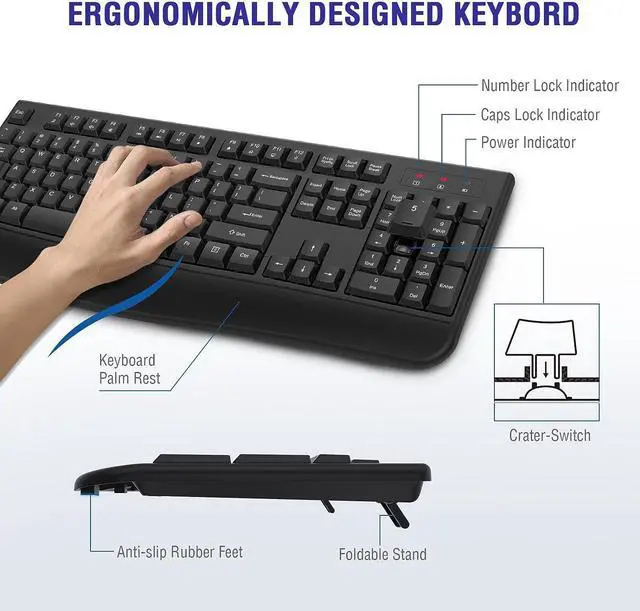 Alt view image 3 of 7 - 2 Pack Wireless Keyboards, 2.4G Full-Sized Ergonomic Wireless Computer Keyboard with Wrist Rest for Windows, Mac OS Laptop/PC/Desktop/Notebook