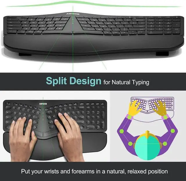 Alt view image 2 of 7 - Arteck Split Ergonomic Keyboard with Cushioned Wrist and Palm Rest, 2.4G USB Wireless Comfortable Natural Ergonomic Split Keyboard, for Windows Computer Desktop Laptop