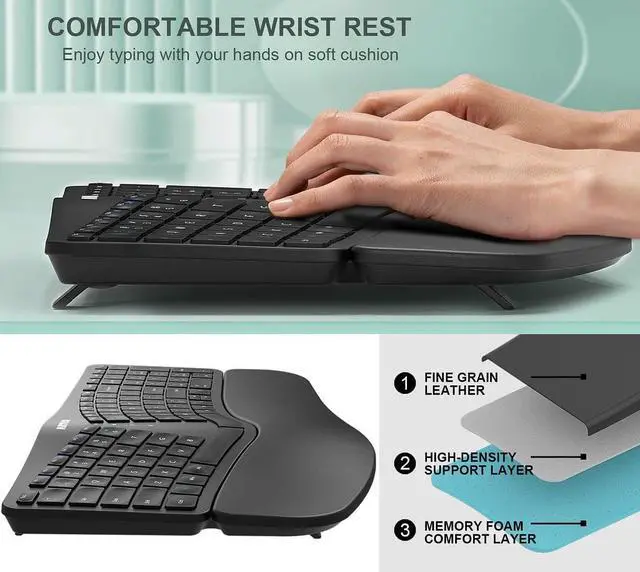 Alt view image 3 of 7 - Arteck Split Ergonomic Keyboard with Cushioned Wrist and Palm Rest, 2.4G USB Wireless Comfortable Natural Ergonomic Split Keyboard, for Windows Computer Desktop Laptop
