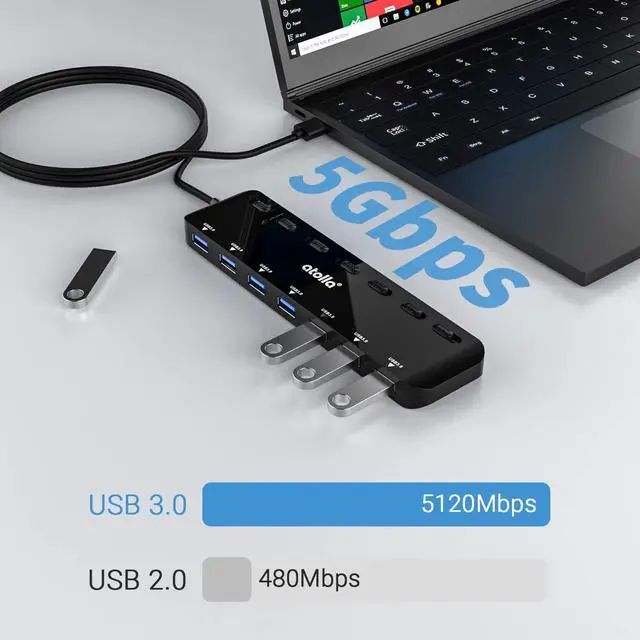 Alt view image 2 of 7 - atolla 7-Port USB 3.0 Hub Splitter, USB Extender Ultra Slim Data USB Hub with Individual Power Switch and LEDs