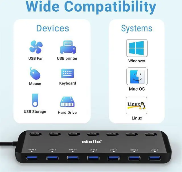 Alt view image 3 of 7 - atolla 7-Port USB 3.0 Hub Splitter, USB Extender Ultra Slim Data USB Hub with Individual Power Switch and LEDs
