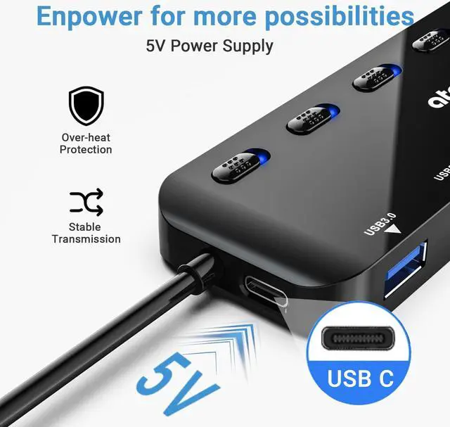Alt view image 4 of 7 - atolla 7-Port USB 3.0 Hub Splitter, USB Extender Ultra Slim Data USB Hub with Individual Power Switch and LEDs