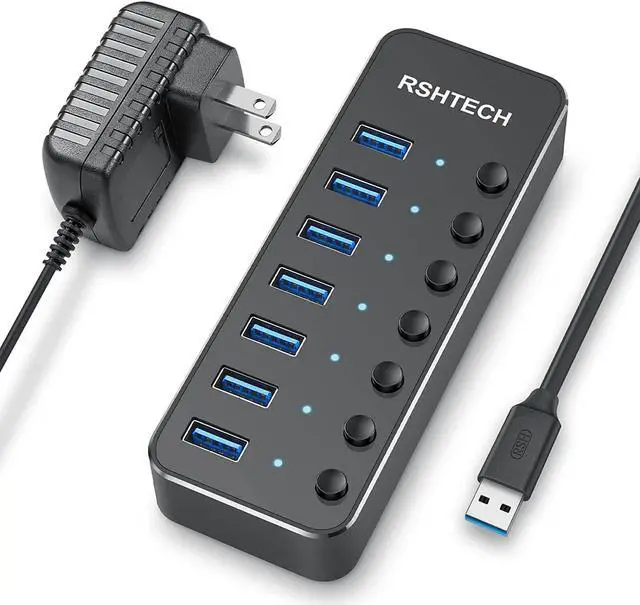 Main image of USB 3.0 Hub, RSHTECH 7 Port Powered USB Hub Expander Aluminum USB 3.0 Data Port hub with Universal 5V AC Adapter and Individual On/Off Switches USB Splitter for Laptop and PC(Black)