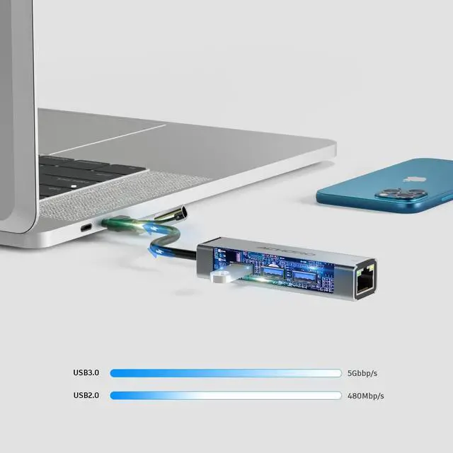 Alt view image 2 of 4 - ACHORO USB Port Expender with LAN - Built in USB A & USB C to USB Port Ethernet Port Adapter - Multiple USB Port for PC, Mac - Aluminium Alloy Extra 3 USB Ports with RJ45 USB Hub (LAN & USB Ports)