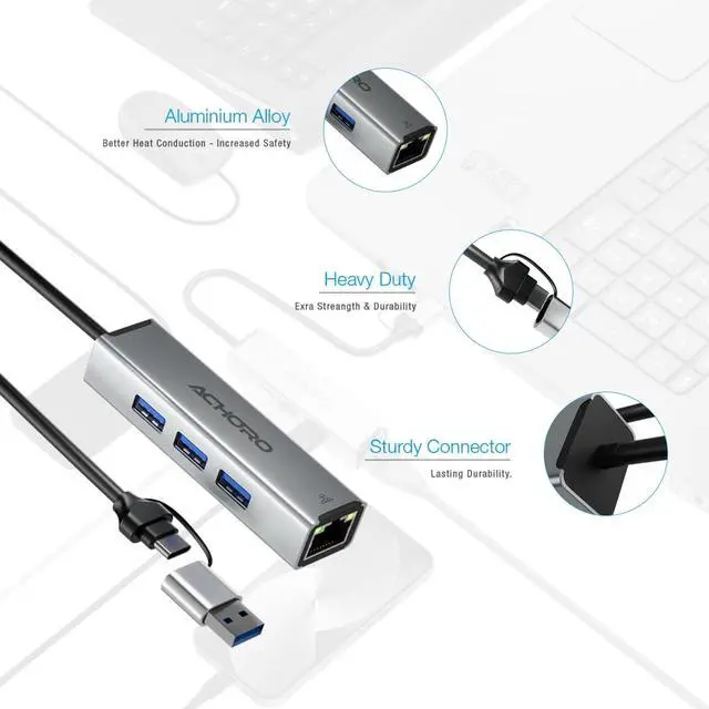 Alt view image 4 of 4 - ACHORO USB Port Expender with LAN - Built in USB A & USB C to USB Port Ethernet Port Adapter - Multiple USB Port for PC, Mac - Aluminium Alloy Extra 3 USB Ports with RJ45 USB Hub (LAN & USB Ports)
