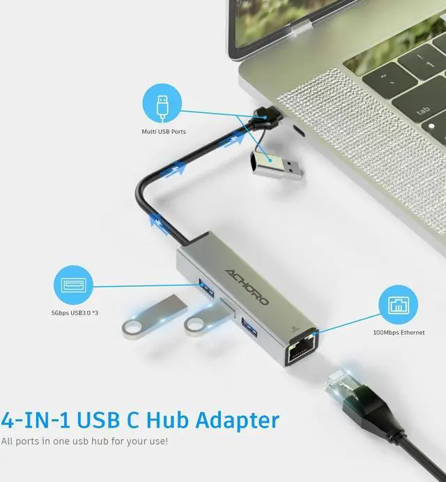 Alt view image 3 of 4 - ACHORO USB Port Expender with LAN - Built in USB A & USB C to USB Port Ethernet Port Adapter - Multiple USB Port for PC, Mac - Aluminium Alloy Extra 3 USB Ports with RJ45 USB Hub (LAN & USB Ports)
