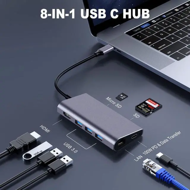 Alt view image 2 of 6 - USB C Hub Ethernet Multiport Adapter, LasAnclas 8-in-1 USB C Docking Station 4K HDMI, 100W PD, 3 USB 3.0, 1Gbps LAN USB C Dongle, SD/TF Reader USB C Dock for MacBook Air/Pro,iPad Pro 2021 and More