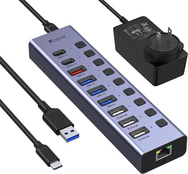 Powered USB C Hub/USB Hub 3.1 10-Port 60W Aluminum USB Splitter with  Ethernet Port