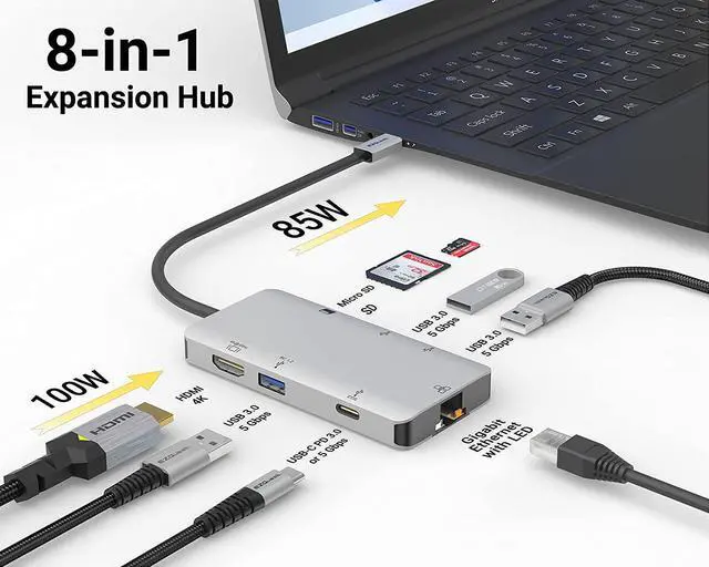 Alt view image 3 of 7 - EZQuest USB C Hub Docking Station 8 in 1 with 4K HDMI, 1 Gbit Ethernet, 3 USB A 3.0 Ports, 1 USB-C PD/Data, SD/Micro SD for Work and Travel, Compatible with MacBook/Dell/HP/Lenovo/Laptops