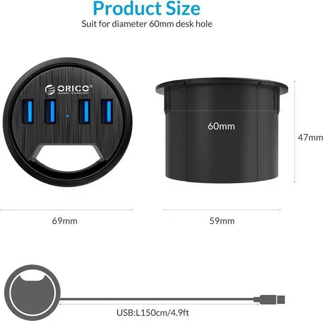 Alt view image 7 of 7 - ORICO Desk Grommet, 4 Port USB 3.0 Hub, 5Gbps Data Transmission with 4.9ft Cord for Diameter 2.36" or 60MM Hole, Office Accessories, for PC, Flash Drive, HDD Enclosure and Other USB Devices