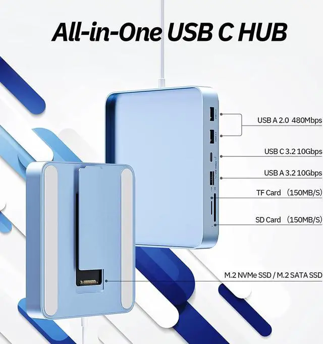 Alt view image 2 of 7 - USB C Hub for iMac 24 inch 2021, Minisopuru USB Hub Adapter Support M.2 NVMe SSD 7 in 1 Docking Station iMac Accessories with USB C 10Gbps, USB A 3.2, SD/TF Card Reader, M.2 SSD (Not Included), Blue.