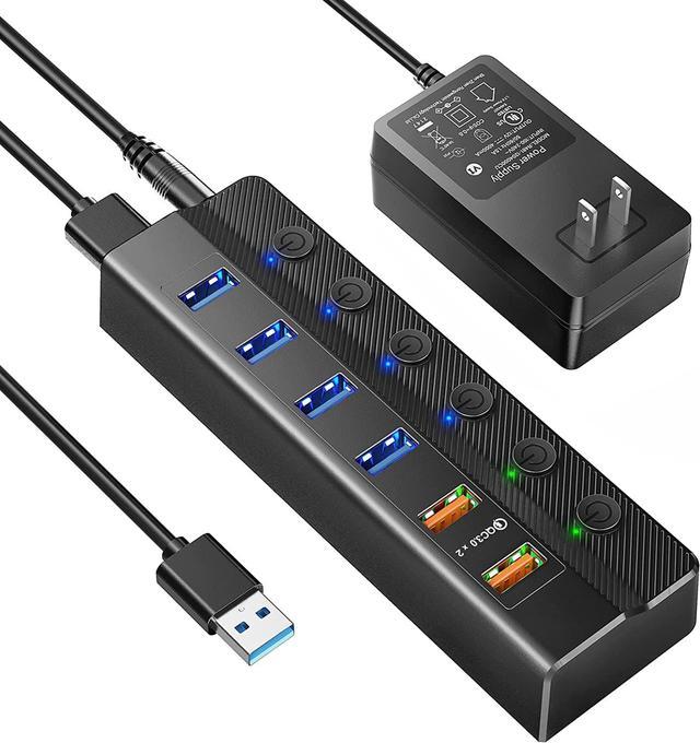 Powered USB Hub, Wenter 6-Port USB 3.0 Hub Splitter (4 USB 3.0 Data Ports +  2 QC 3.0 Fast Charging Ports) with Individual LED On/Off Switches, USB Hub