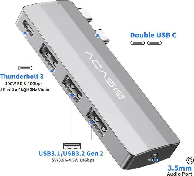 Alt view image 2 of 7 - USB C Hub Adapter for MacBook Pro/Air M1 M2 13" 14" 15" 16" 2022-2019,ACASIS 5 in 1 MacBook Pro Accessories with 10Gbps 3*USB 3.1/ 100W Thunderbolt 3 PD Charing/ 3.5 Audio mic