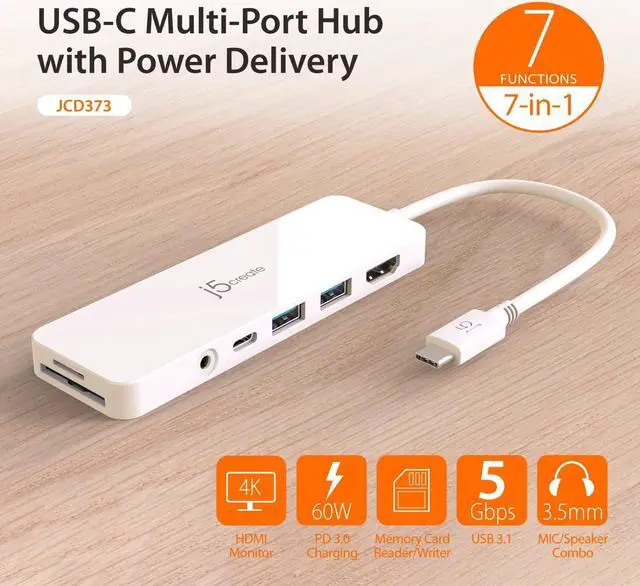 Alt view image 2 of 7 - j5create USB-C Mini Hub - 4K HDMI, 2 x USB 3.1 5Gbps, microSD & SD Card Reader, 3.5mm Audio Jack, 60W PD Pass-Through Charging (JCD373)