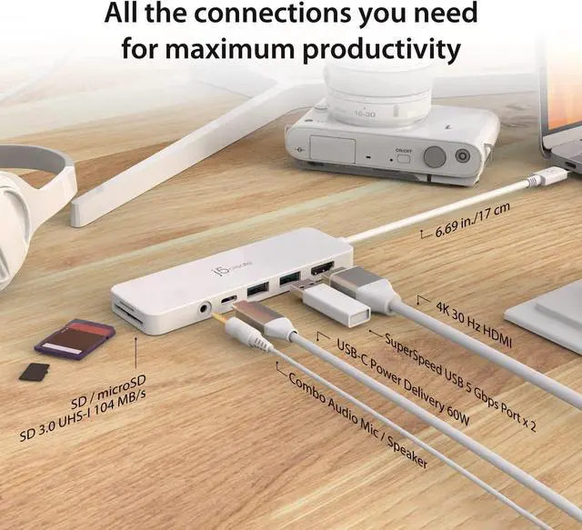 Alt view image 3 of 7 - j5create USB-C Mini Hub - 4K HDMI, 2 x USB 3.1 5Gbps, microSD & SD Card Reader, 3.5mm Audio Jack, 60W PD Pass-Through Charging (JCD373)