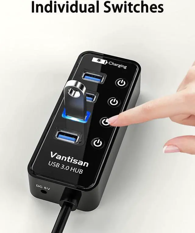 Alt view image 3 of 7 - vantisan Powered USB 3.0 Hub, USB Extension 4-Port USB Hub Splitter (4 USB 3.0 Data Ports+1 Smart Charging Port) with 5V/3A Powered Adapter and Individual ON/Off Switches
