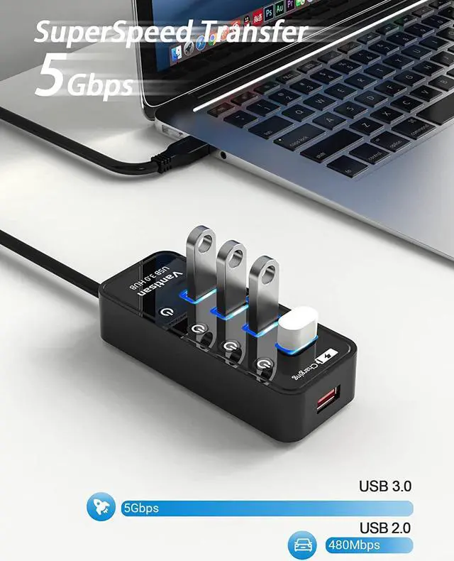 Alt view image 2 of 7 - vantisan Powered USB 3.0 Hub, USB Extension 4-Port USB Hub Splitter (4 USB 3.0 Data Ports+1 Smart Charging Port) with 5V/3A Powered Adapter and Individual ON/Off Switches