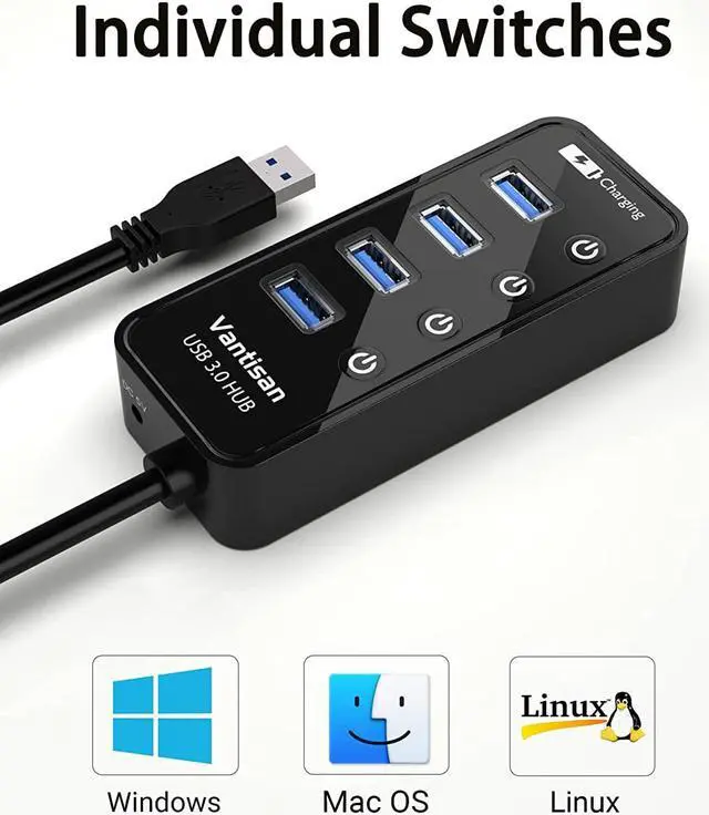 Alt view image 6 of 7 - vantisan Powered USB 3.0 Hub, USB Extension 4-Port USB Hub Splitter (4 USB 3.0 Data Ports+1 Smart Charging Port) with 5V/3A Powered Adapter and Individual ON/Off Switches