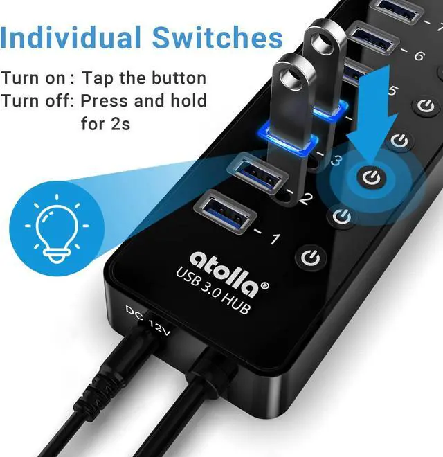 Alt view image 2 of 7 - Power USB Hub 3.0, atolla 16 Port USB Splitter with 12V/6A Power Adapter and Individual Switches, High-Speed Data Transfer for Laptop, PC, Mac, and More Devices