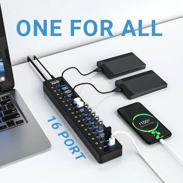 Alt view image 3 of 7 - Power USB Hub 3.0, atolla 16 Port USB Splitter with 12V/6A Power Adapter and Individual Switches, High-Speed Data Transfer for Laptop, PC, Mac, and More Devices