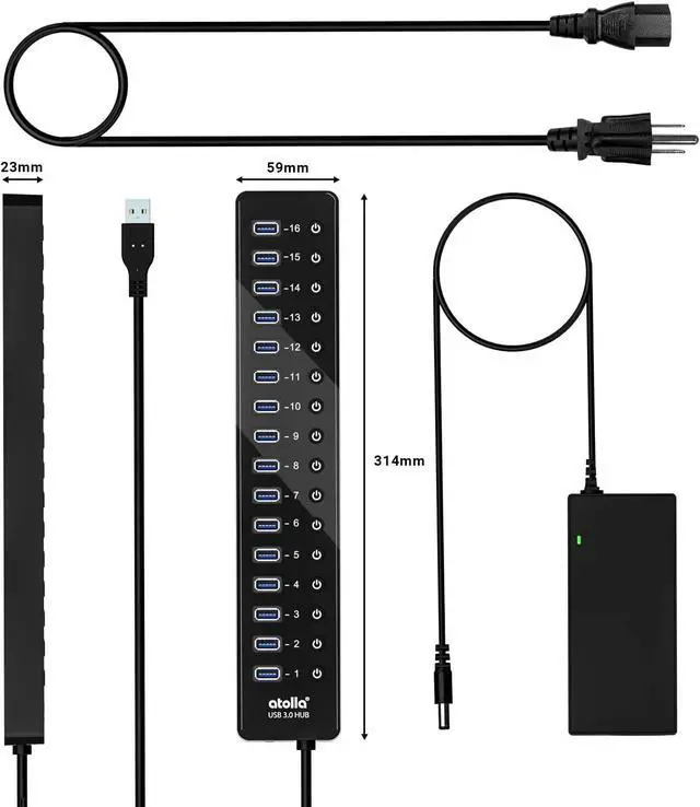 Alt view image 7 of 7 - Power USB Hub 3.0, atolla 16 Port USB Splitter with 12V/6A Power Adapter and Individual Switches, High-Speed Data Transfer for Laptop, PC, Mac, and More Devices