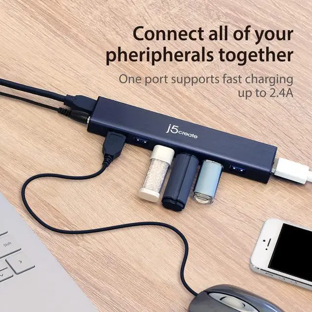 Alt view image 2 of 5 - j5create 7-Port Powered USB 3.0 Data Hub with 3.3 ft Extended Cable [20W Power Adapter Included] for Mac, MacBook, Windows, Laptop, Surface, XPS, PC (JUH377)