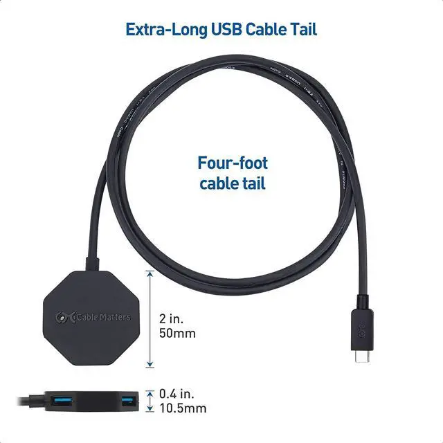 Alt view image 6 of 7 - Cable Matters Ultra Mini 4 Port USB C Hub with Long 4 ft Extension Cable Tail (USBC to USB Hub, USBC Dock Long Cord) in Black - Thunderbolt 4 / USB4 / Thunderbolt 3 Port Compatible