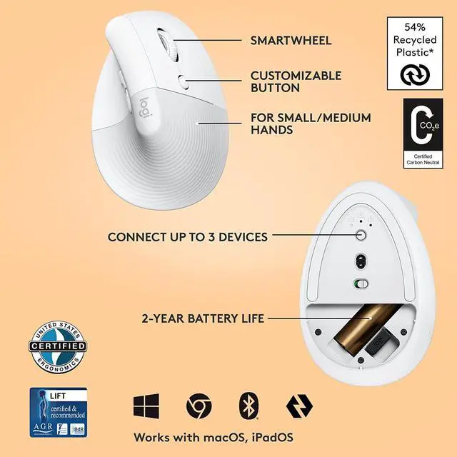 Alt view image 6 of 7 - Logitech Lift Vertical Ergonomic Mouse, Wireless, Bluetooth or Logi Bolt USB receiver, Quiet clicks, 4 buttons, compatible with Windows/macOS/iPadOS, Laptop, PC - Off White