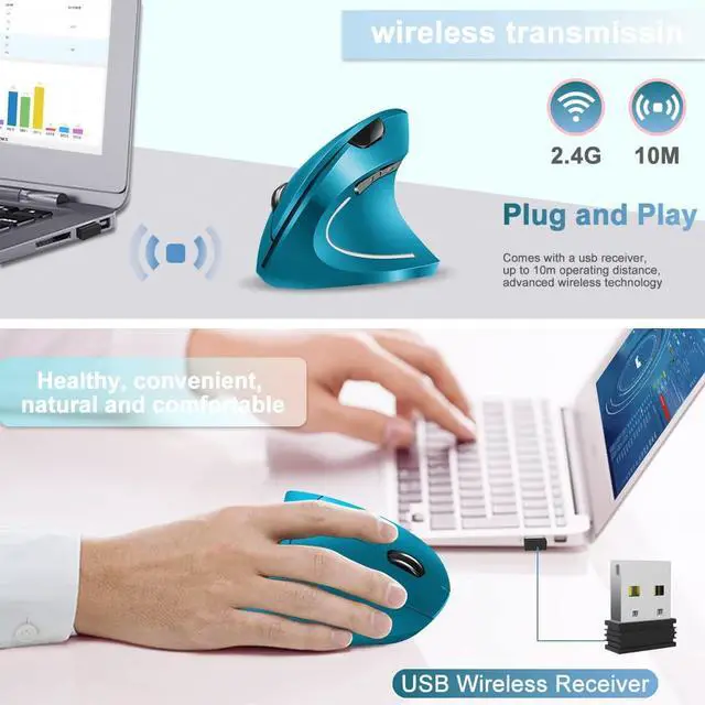 Alt view image 2 of 7 - Vassink Ergonomic Wireless Mouse, Rechargeable Mouse 2.4Hz Vertical Wireless Optical Mice with USB Receiver, 6 Buttons for PC,Laptop,etc Blue