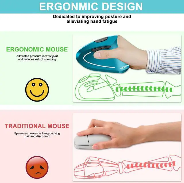 Alt view image 3 of 7 - Vassink Ergonomic Wireless Mouse, Rechargeable Mouse 2.4Hz Vertical Wireless Optical Mice with USB Receiver, 6 Buttons for PC,Laptop,etc Blue