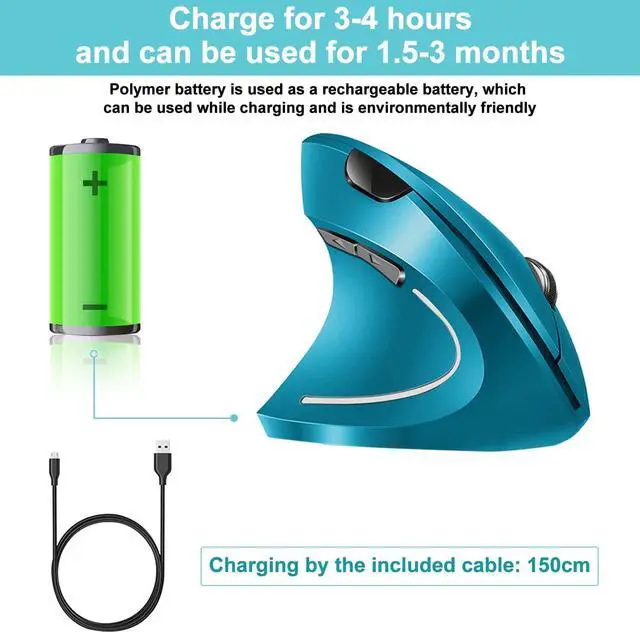 Alt view image 5 of 7 - Vassink Ergonomic Wireless Mouse, Rechargeable Mouse 2.4Hz Vertical Wireless Optical Mice with USB Receiver, 6 Buttons for PC,Laptop,etc Blue