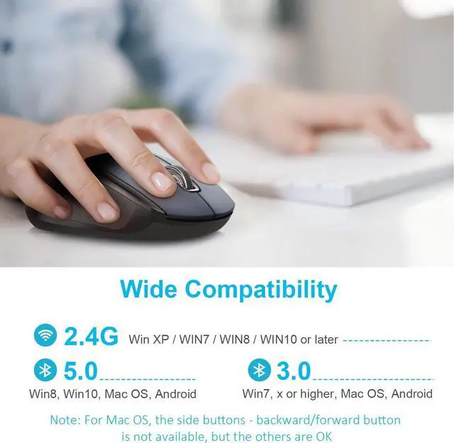 Alt view image 4 of 7 - TECKNET Bluetooth Wireless Mouse, 3 Modes Bluetooth 5.0 & 3.0 Mouse 2.4G Wireless Portable Optical Mouse with USB Nano Receiver, 2400 DPI for Laptop, MacBook, PC, Windows, Android, OS System (Grey)